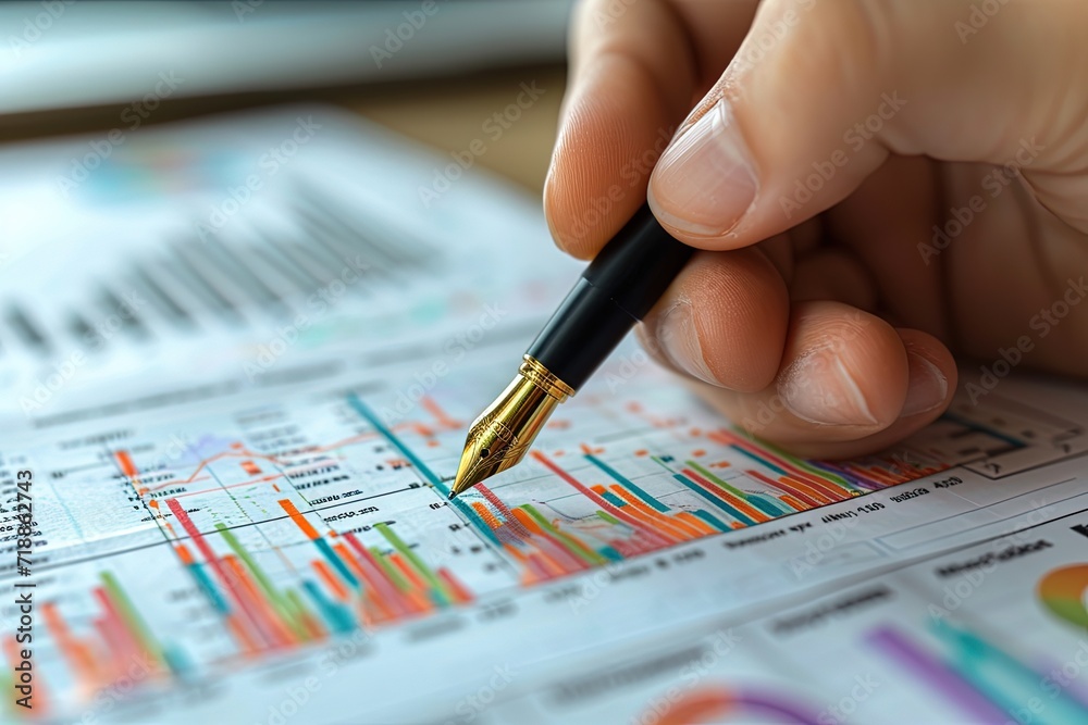 Close-up of a businessman's hand holding a pen and analyzing investment graphs. AI Generated