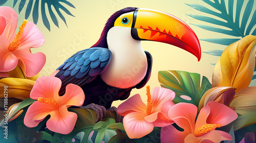 Hello summer. Super cute toucan in blossoming forest. AI generated image