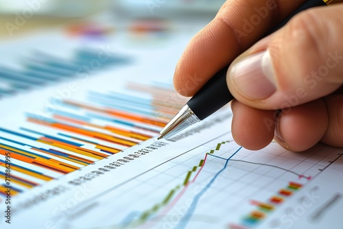 Close-up of a businessman's hand holding a pen and analyzing investment graphs. AI Generated