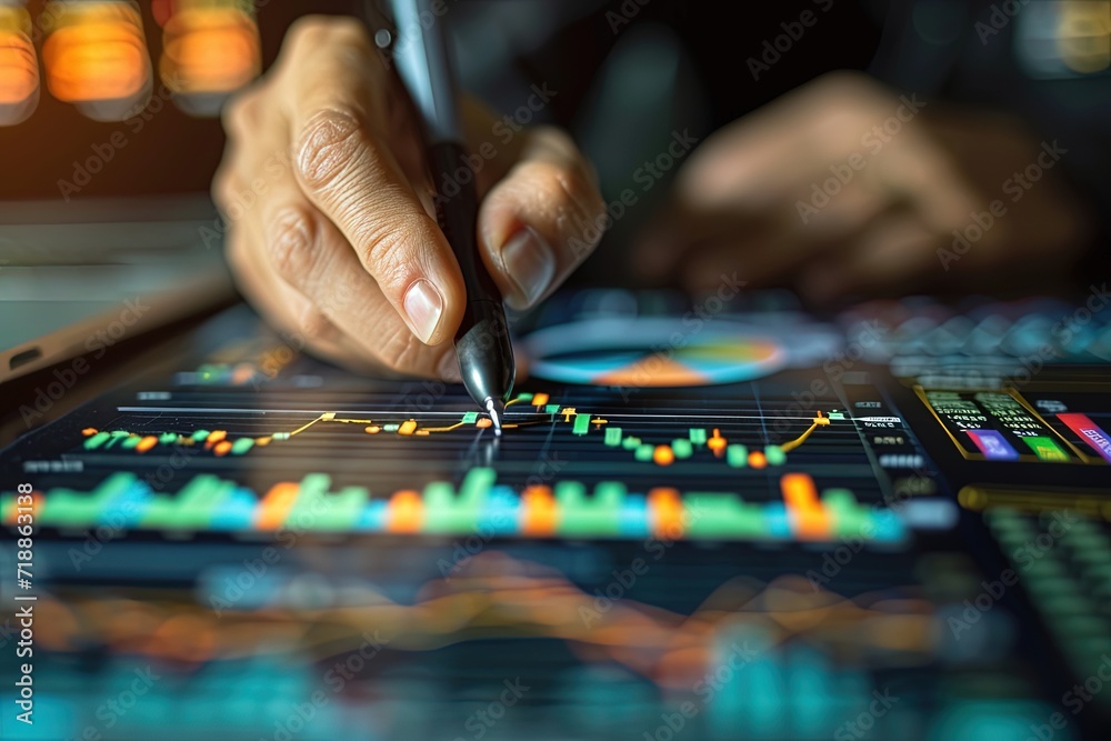 Close-up of a businessman's hand holding a pen and analyzing investment graphs. AI Generated Close-up of a businessman's hand holding a pen and analyzing investment graphs. AI Generated