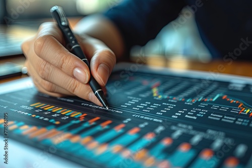 Close-up of a businessman's hand holding a pen and analyzing investment graphs. AI Generated