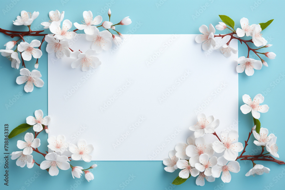 a spring banner,a white sheet of paper with a place for text with branches of blooming white cherries lying in the corners,a spring banner,a design concept for spring marketing materials