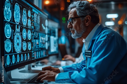 Neurosurgeon in Blue Shirt Using Computer Generative AI