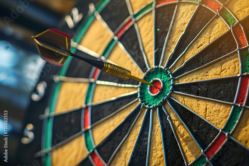 Right on target! The concept of successfully achieving goals or making the right choice. Photo of dartboard with dart in the center.