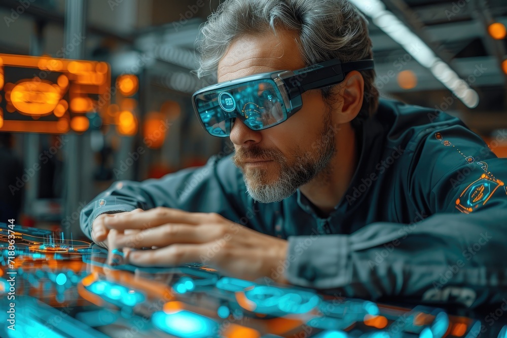 Technician EV car Engineer using virtual reality goggle software to check EV vehicle. Generative AI Technician EV car Engineer using virtual reality goggle software to check EV vehicle. Generative AI