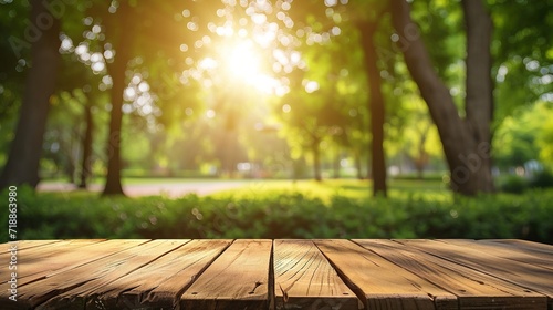 Empty wood table top and blurred green tree in the park garden background - can used for display or montage your products