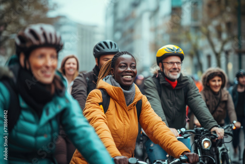 a diverse group of people enjoying a group bike ride in the city, showcasing inclusivity and empowerment © Kien