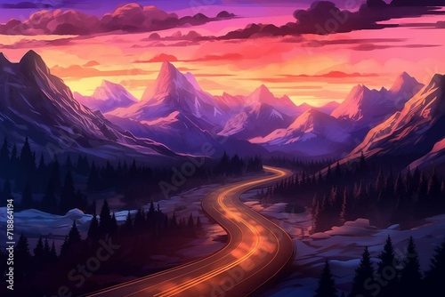 Illustration of a glowing mountainous highway at dusk. A scenic mountain view wallpaper. Generative AI