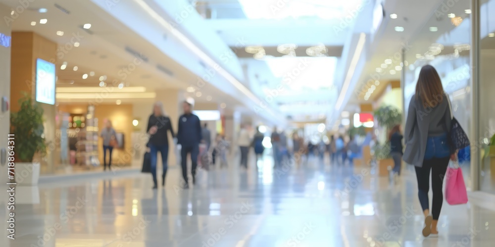 Generative AI, shopping mall with people, motion blur, blurred abstract background	
