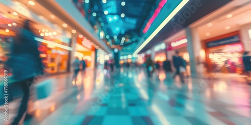 Generative AI, shopping mall with people, motion blur, blurred abstract background 