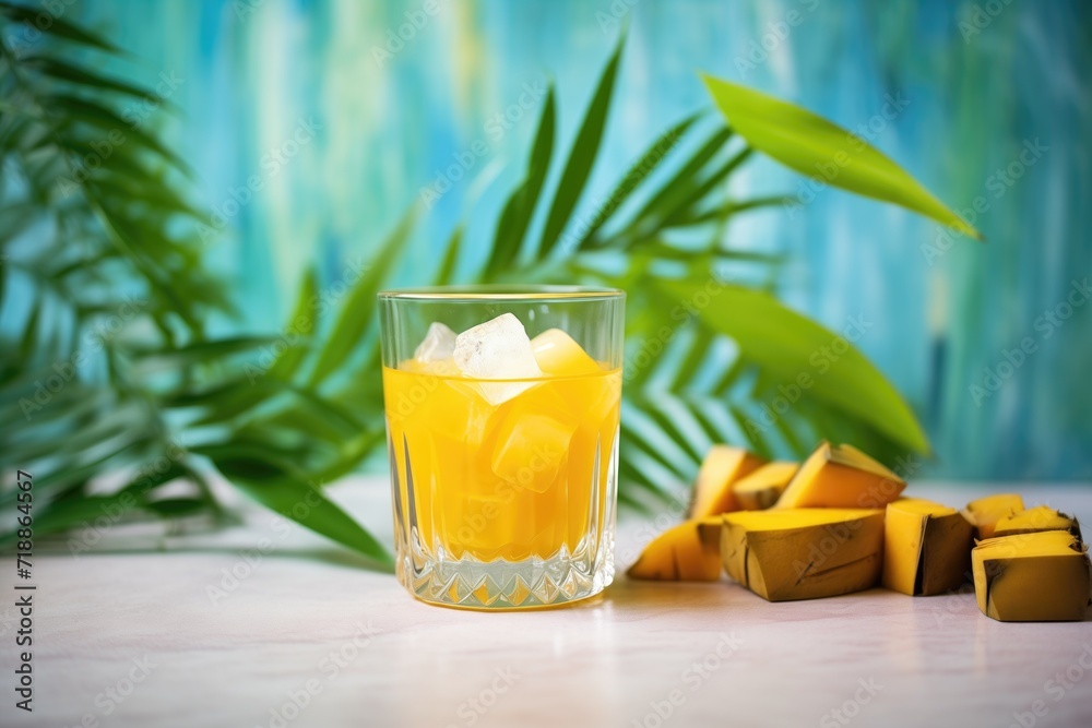 glass of mango iced tea, mango cubes, ice, tropical leaves background