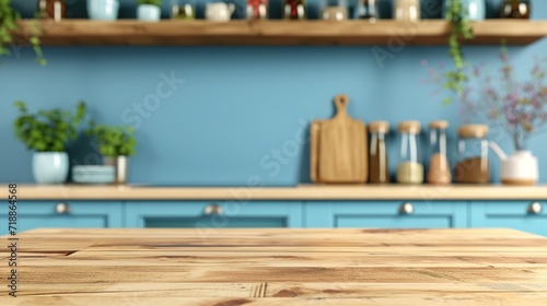 Empty wood table top on blue kitchen selective focus