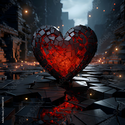 3D rendering of a red heart in the middle of a dark city