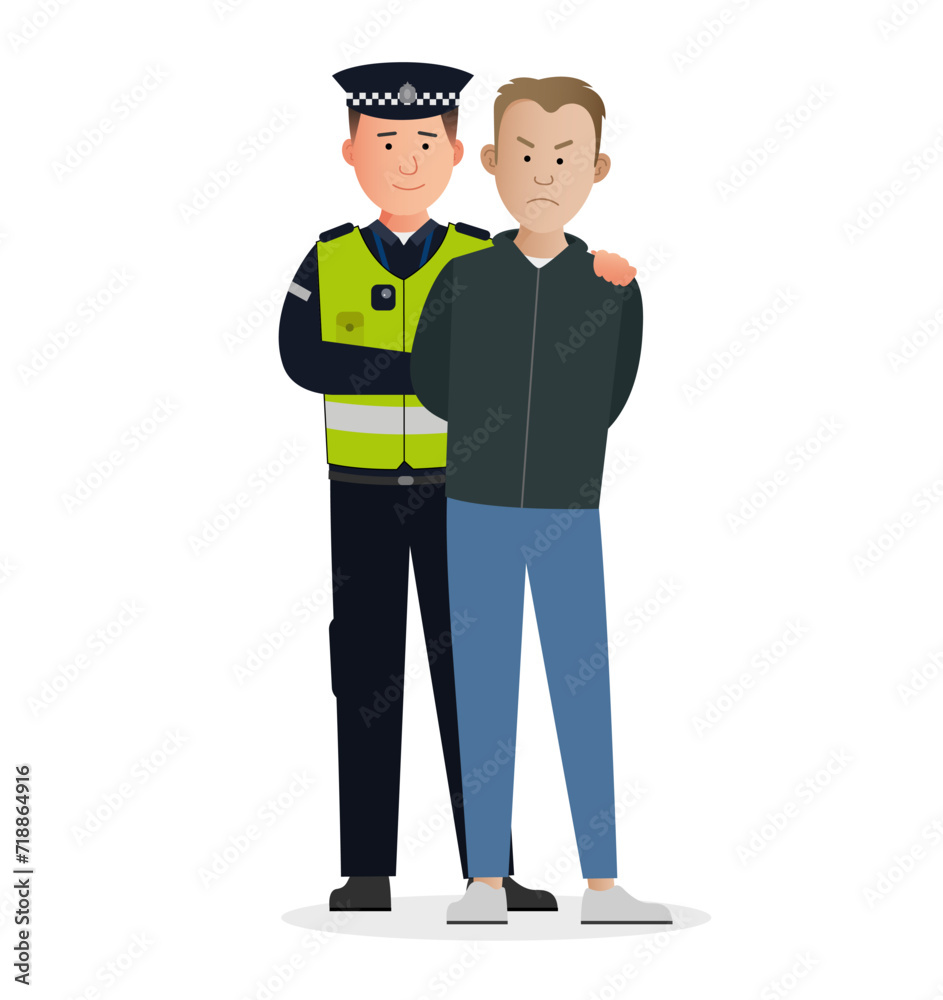 Simple flat British male police man officer vector character making arrest. Criminal being put into handcuffs.