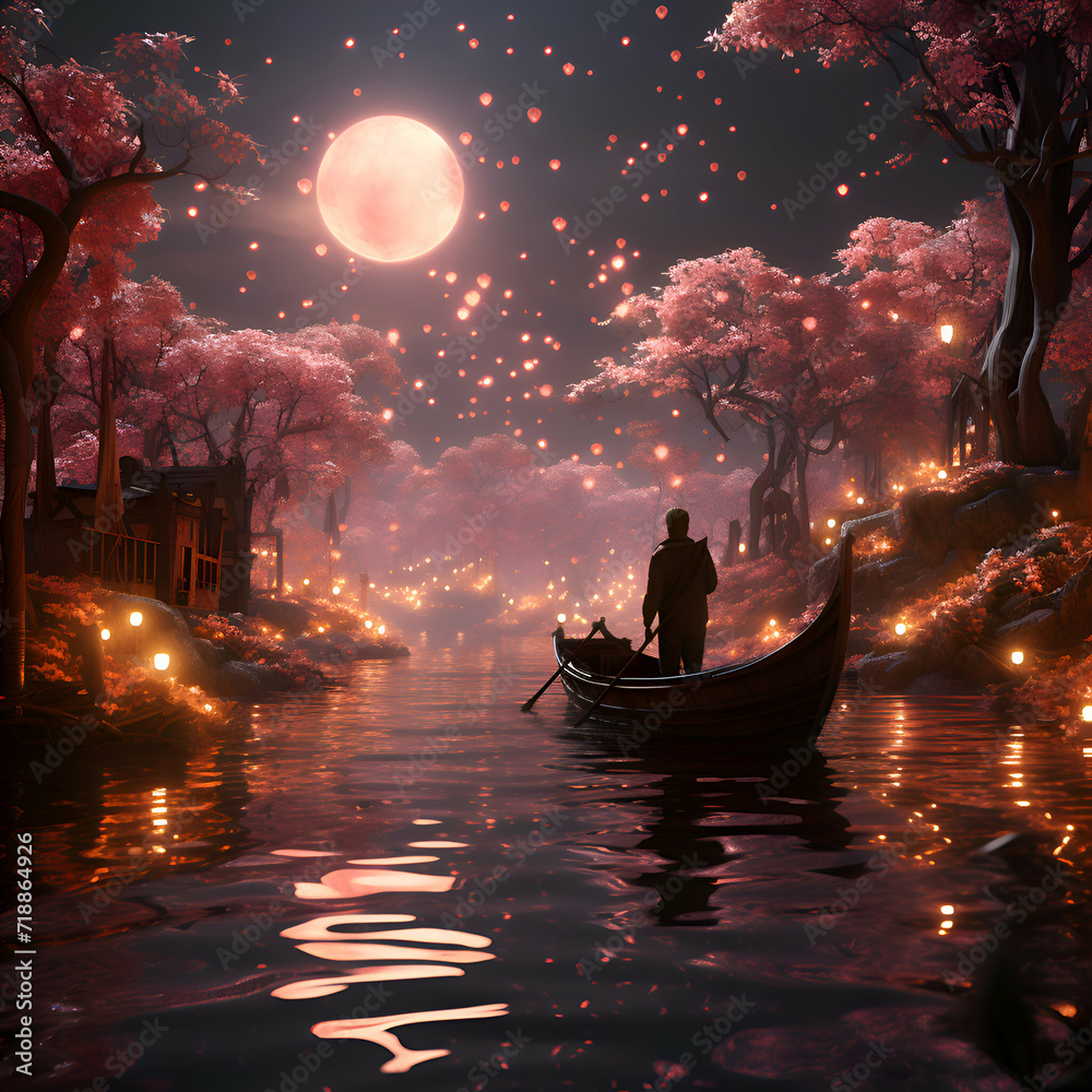 Fantasy image of a man on a boat in the river with full moon