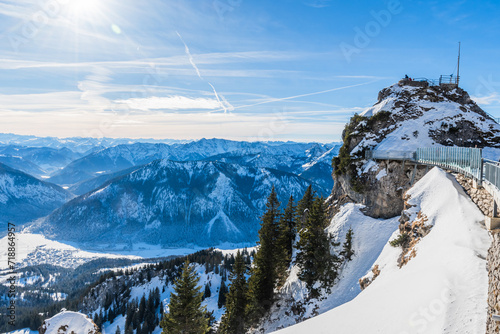 View of the German and Austrian Alps from the 1838 meter high Wendelstein mountain in Germany, copy space