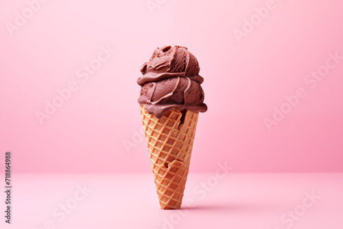 Delicious melting sweet chocolate ice cream cone on pink background
