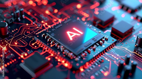 Close-up of advanced microchip for artificial intelligence training acceleration. "AI" letters on colorful computer chip. generative AI