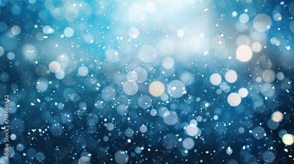 Falling snowflakes on night sky white background. Bokeh with white snow and snowflakes on a blue background