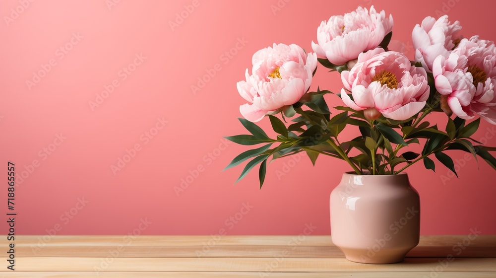 Spring background with a bouquet of peonies in vase  with copy space for text. Holiday greeting card for the 8th of March, Mother's Day, Women's Day, and Saint Valentine's Day. Generative AI.	
