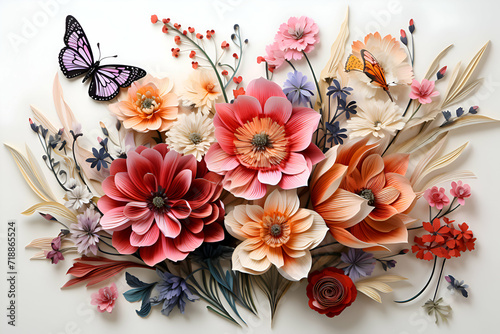 Colorful flower bouquet with butterfly on white background. top view photo