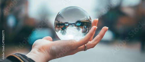 The reflection of the city in a glass ball in the girl's hand