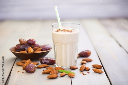 vegan almond milk shake, almonds and dates on wood surface photo