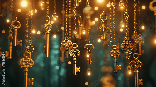 An arrangement of levitating antique keys with soft, glowing lights, symbolizing the illumination of the path to love. © thisisforyou