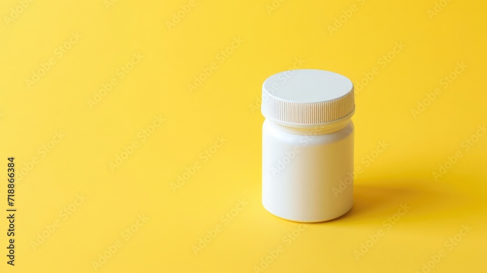 A white jar of medicines or vitamins on a yellow background A white jar of medicines or vitamins on a yellow background