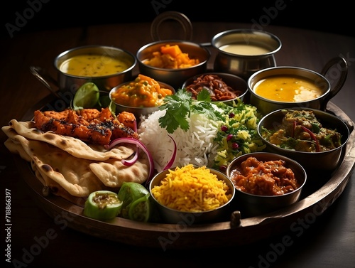 Indian cuisine thali on a table with different Indian foods