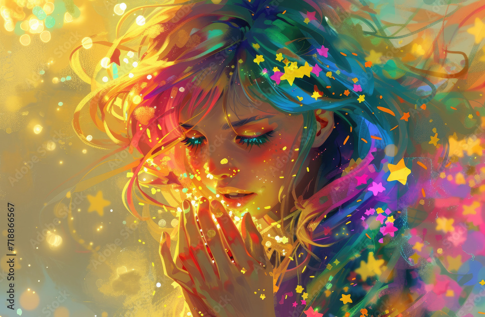 a girl with colorful hair is holding a bouquet of stars