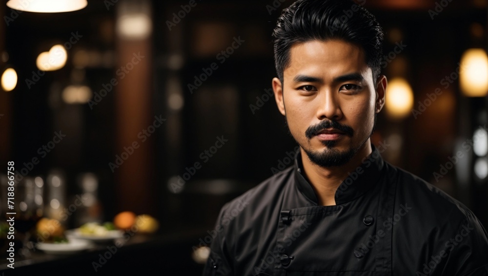 Fototapeta premium chef or waiter young black haired asian male with beard on uniform in dark background