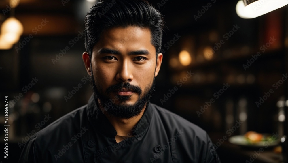 chef or waiter young black haired asian male with beard on uniform in dark background chef or waiter young black haired asian male with beard on uniform in dark background