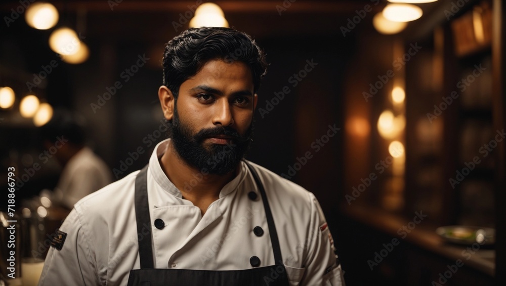 chef or waiter young black haired indian male with beard on uniform in dark background chef or waiter young black haired indian male with beard on uniform in dark background