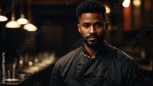 chef or waiter young black haired african male with beard on uniform in dark background