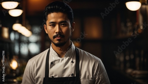 chef or waiter young black haired asian male with beard on uniform in dark background