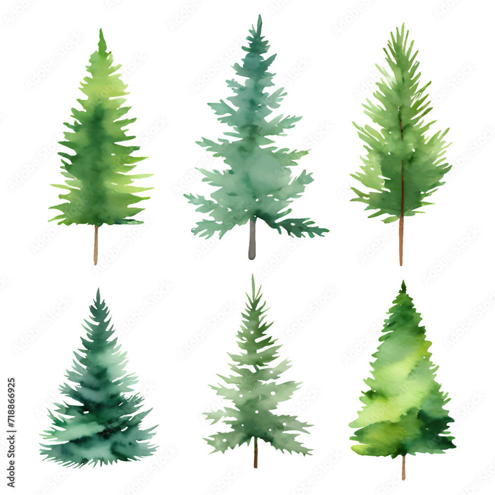 Watercolor christmas tree set isolated on white background. Pine green tree for Merry Christmas