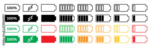 Phone full and empty battery vector icon set. smartphone battery level status indicator symbol collection. photo