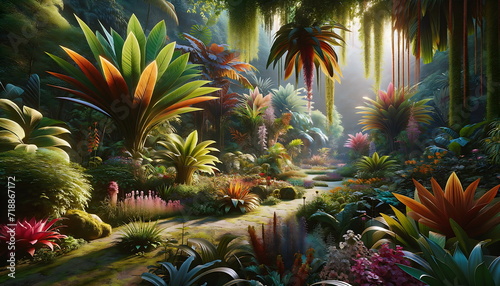 A digital art botanical garden background with tropical plants.