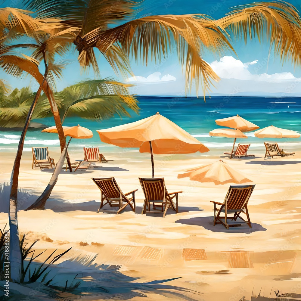 beach chairs and umbrellas on the beach. AI generated