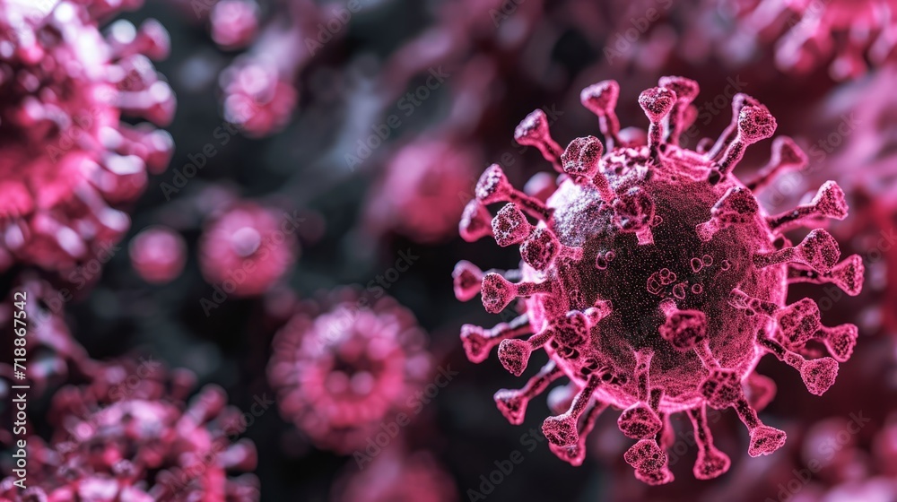 Pink virus particles with fluorescent light. covid, virus, treatment, immune system concept