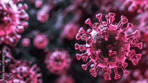 Pink virus particles with fluorescent light. covid, virus, treatment, immune system concept © Yulia