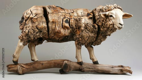 A sheep sculpture carved from wood. Wooden art object of an animal with many age cracks in the wood