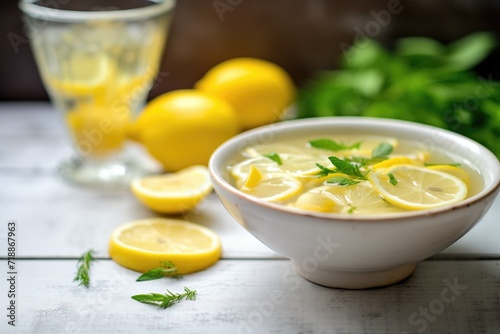 overhead shot of a bowl of lemons next to a glass of lemonade