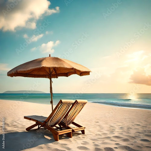 lounge chairs and umbrella on the beach. AI generated © Muhammad