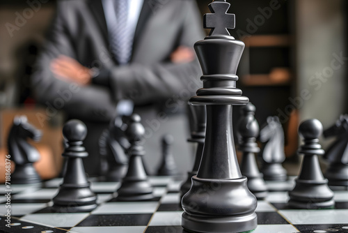 Photo of chess pieces and businessman with crossed arms and wearing a suit in the background. Leadership concept