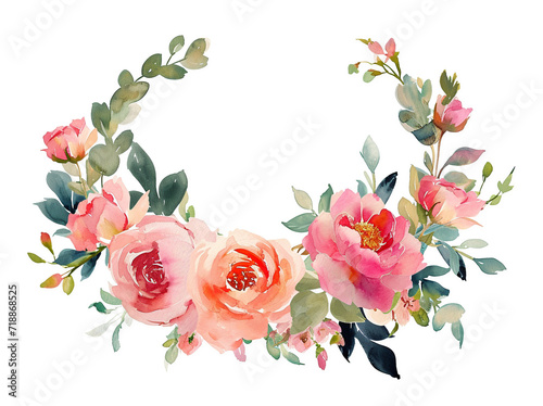 Fototapeta Naklejka Na Ścianę i Meble -  Watercolor border with flowers peonies and leaves. Spring pink composition isolated on white background