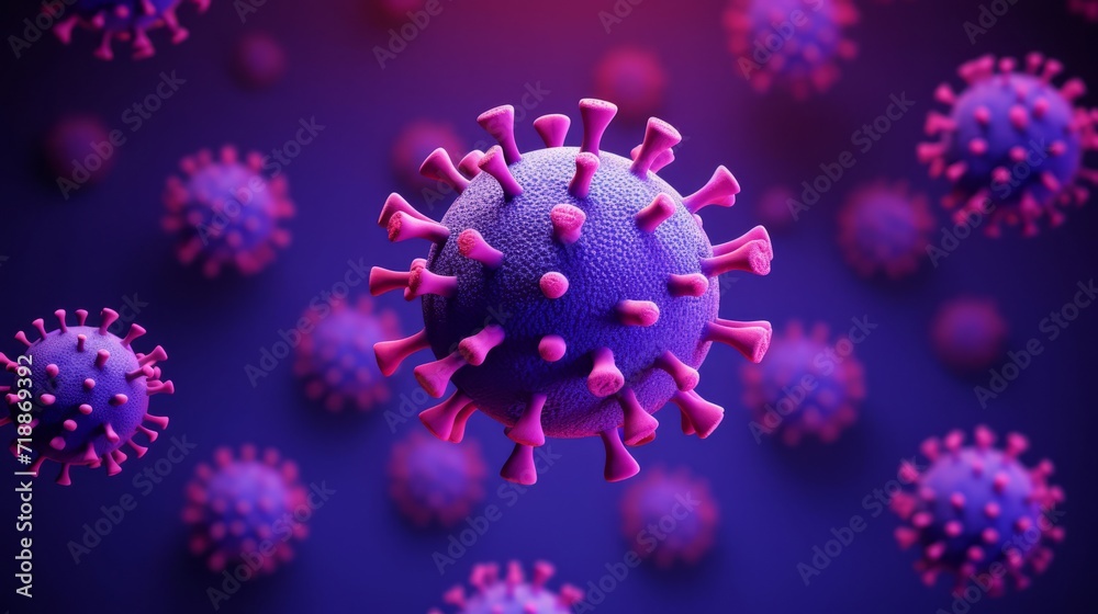 Virus particles on the purple background. covid, retrovirus, treatment, immune system concept
