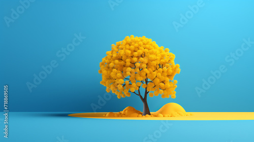 3d render blue tree on a yellow background