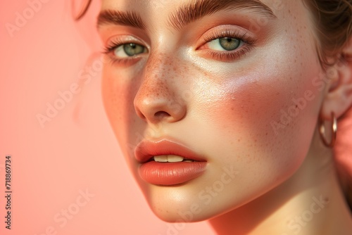 a macro close-up studio fashion portrait of a face of a young redhead caucasian woman with perfect skin, hair and immaculate make-up on pink background. Skin beauty and hormonal female health concept.